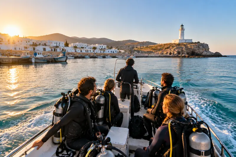 Barco de buceo saliendo de un pequeño puerto mediterráneo con un faro en el cabo
