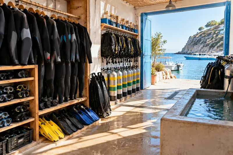 Sala de equipos de un centro de buceo con neoprenos colgados y botellas en fila